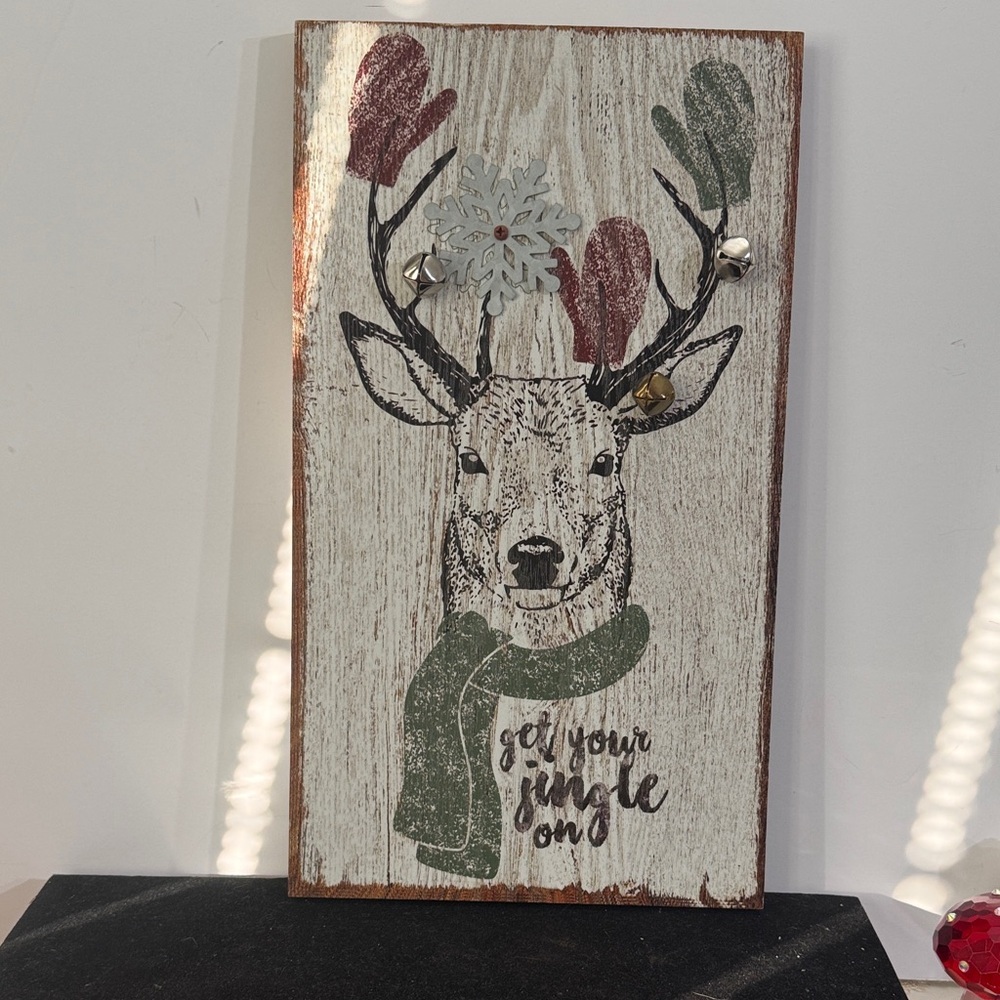 Festive Darice Reindeer Wall Art with Mittens and Scarf  “ get your jingle on”